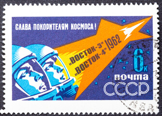 RUSSIA - CIRCA 1962: A stamp printed in USSR, dedicated to flight vostok-3 and vostok-4 , circa 1962