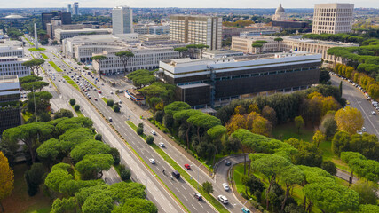 Aerial view of Eur district from Via Cristoforo Colombo in Rome, Italy. The street connects the southern suburbs to the city center. - obrazy, fototapety, plakaty