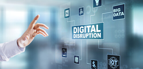 Digital Disruption. Disruptive business ideas. IOT internet of things, network, smart city and machines, big data, cloud, analytics, web-scale IT, Artificial intelligence, AI.