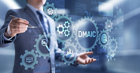DMAIC Define Measure Analyze Improve Control Industrial business process optimisation six sigma lean manufacturing technology concept on virtual screen.