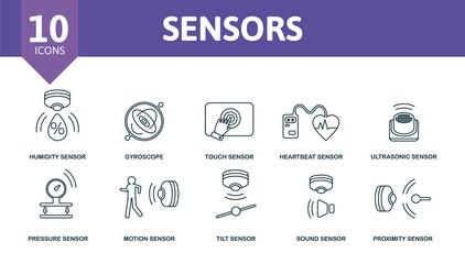 Naklejka na ściany i meble Sensor icon set. Collection of simple elements such as the water quality sensor, water sensor, humidity sensor, gyroscope, heartbeat sensor, pressure sensor, tilt sensor.