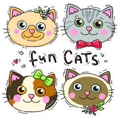 Cute cats faces. Hand drawn characters. Sweet funny kittens. Vector illustration.