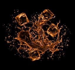 Frozen ice cubes in whiskey splash. Realistic 3d vector cola, cognac, cold tea or soda drink splashing with frozen water splatters in motion. Isolated alcohol or refreshment beverage brown liquid wave - obrazy, fototapety, plakaty