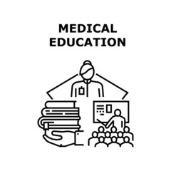 Medicine Education Vector Icon Concept. Medicine Education Literature Reading Student And Studying On Medical Lecture And Seminar. University And College Educational Lesson Black Illustration