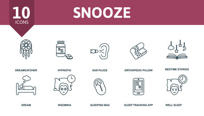 Snooze icon set. Collection of simple elements such as the alarm clock, night light, dreamcatcher, hypnotic, orthopedic pillow, dream, sleeping bag.