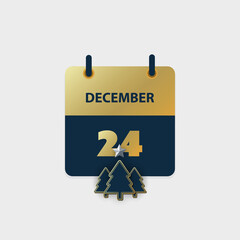 Golden Calendar Page Design for Day 24th of December, Christmas Eve - Vector Illustration, Greeting Card Template