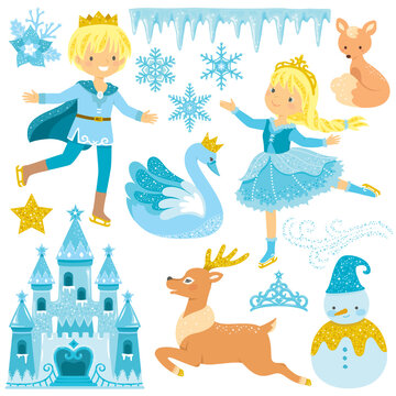 Winter Fairytale clipart set with ice castle, princess, prince and animals