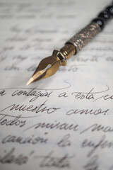 Old fashion writing sample with different writing techniques, papers, styles and calligraphy nibs.