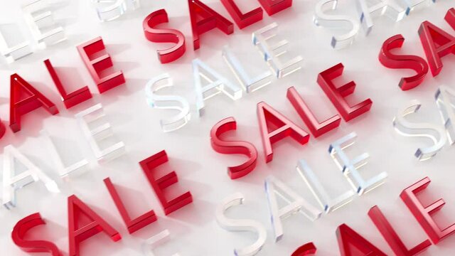 Sale 3D text in red and transparent glass color on white surface. Nice Holiday Sale banner for discount. Seamless loop animation. Black Friday sale text. Christmas shop sales.