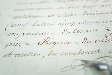 close-up of French old-fashion calligraphy writing sample 