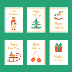Christmas and New Year cards with cute characters and elements. Vector illustration.