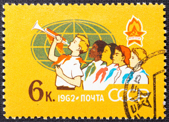 USSR - CIRCA 1962: A set of postage stamps printed in USSR shows Soviet children pioneers, series,...