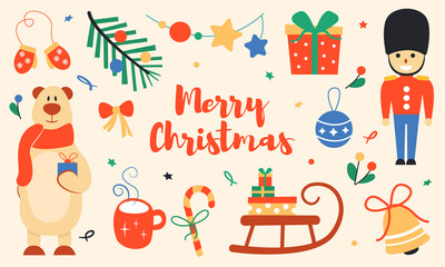 Set of cute Christmas illustrations. Beautiful background picture for design, stickers, packaging. Vector illustration.