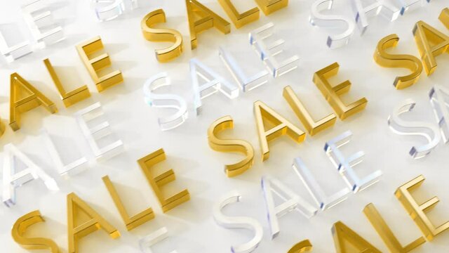 Sale 3D text in gold and yellow and transparent glass color on white surface. Nice Holiday Sale banner for discount. Seamless loop animation. Black Friday sale text. Christmas shop sales.