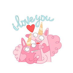 Two unicorns in love. I love you. Lettering poster. Isolated vector object on white background. Valentine's day art. 