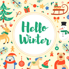 Fototapeta na wymiar Christmas banner with cute elements and lettering. Vector illustration.