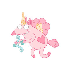 Unicorn - cupid. Isolated vector object on white background. Valentine's day art. 