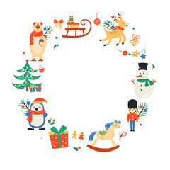 Christmas wreath with funny characters and New Year's elements. Vector illustration.