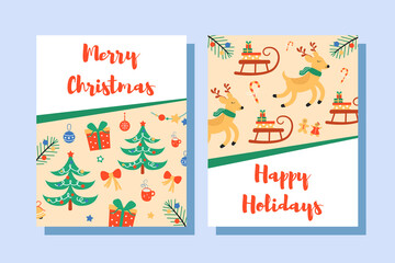 Christmas and New Year cards with cute characters and elements. Vector illustration.