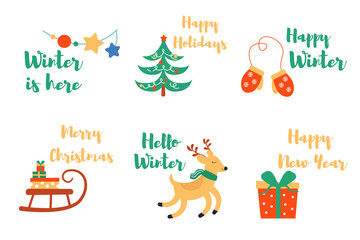 Set of New Year and Christmas elements with lettering. Perfect for product design, stickers, decor. Vector illustration.