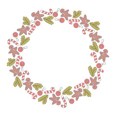 Christmas print. Gingerbread man, fir twigs, lollipop, Christmas ball. Isolated vector objects on a white background. Round frame - wreath. 