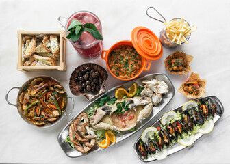 mixed spanish gourmet tapas sharing set selection on restaurant table