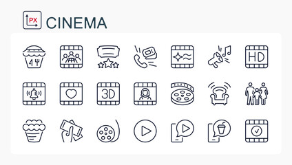 A set of vector illustrations, icons from the thin line of the cinema, a movie.