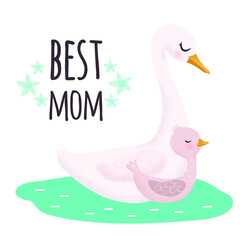 White and pink little gosling with his mom. Sweet gosling in the nest. Cute vector illustration in simple hand-drawn cartoon style. Cute cartoon little duck. Duckling with mom duck in the pond.