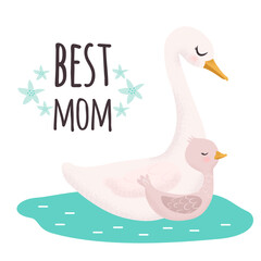 White and pink little gosling with his mom. Sweet gosling in the nest. Cute vector illustration in simple hand-drawn cartoon style. Cute cartoon little duck. Duckling with mom duck in the pond.