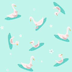 White and pink little Goose with mom. Sweet goslng in water. Cute vector illustration in simple hand-drawn cartoon style. Cute cartoon little duck. Duckling in the pond. Character bird with texture.