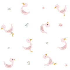 Pink little duck. Sweet duckling in a pattern on white background. Cute vector illustration in simple hand-drawn cartoon style. Cute cartoon little goose. Character bird with texture.
