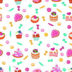 seamless patterns vector cakes and candies. Bright pattern of sweets for packaging paper and fabrics. Vector ornament for decoration of the holidays.