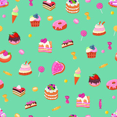 seamless patterns vector cakes and candies. Bright pattern of sweets for packaging paper and fabrics. Vector ornament for decoration of the holidays.