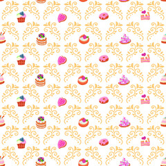 seamless patterns vector cakes and candies. Bright pattern of sweets for packaging paper and fabrics. Vector ornament for decoration of the holidays.