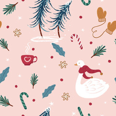Merry Christmas with beautiful swan and Christmas clip arts  seamless pattern. Holiday cartoon vector. Happy new year background. © StudioLondon