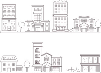 Line vector buildings set illustration of houses and institutions