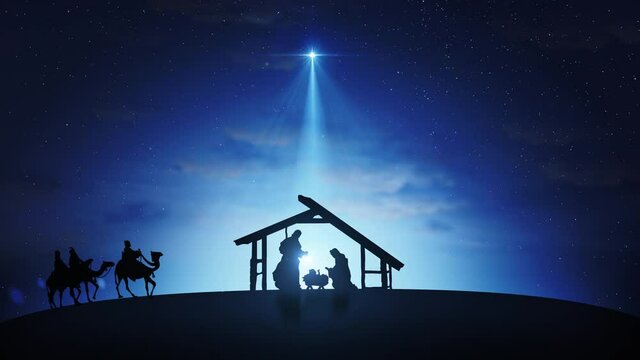 Christmas Scene with twinkling stars and brighter star of Bethlehem. Seamless Loop of Nativity Christmas story under starry sky and moving wispy clouds. 4k