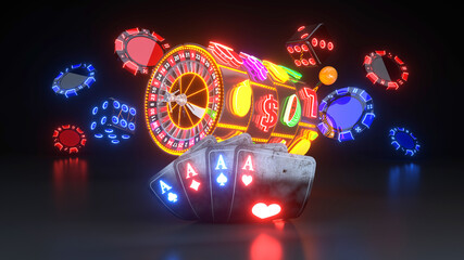 Online Casino Gambling Concept. 4 Aces Poker Cards, Slot Machine, Dices And Roulette Wheel With Neon Lights - 3D Illustration