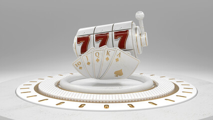 Slot Machine And Poker Cards With Royal Flash Gambling Concept On Luxury White Stage - 3D Illustration