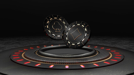 VIP Poker Luxury Black And Golden Chips With Clubs And Diamonds On Luxury Black Stage - 3D Illustration