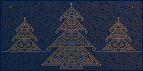 Vector Merry Christmas and Happy New Year golden greeting card, banner, poster, background. Art deco geometric christmas card on navy blue background. Linear shiny Christmas tree. - obrazy, fototapety, plakaty