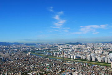 Jungnangcheon Stream and Seoul cityscape from the aerial view