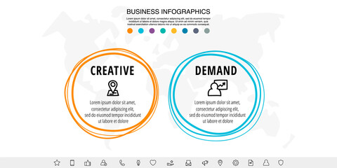 Drawn vector line infographics with 2 circles and icons. Flat chart process template with two steps. Sketch timeline for business project, presentation, web, diagram