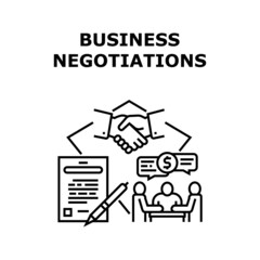 Business Negotiations Vector Icon Concept. Business Negotiations Businessman With Partner And Signing Relationship Agreement Contract. Ceo Discussing With Employee Black Illustration