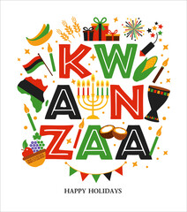 Vector illustration of Kwanzaa. Holiday african symbols with lettering on white background. - 471028722