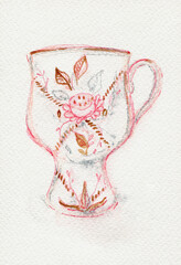 Delicate porcelain coffee cup watercolor illustration  - 471028975