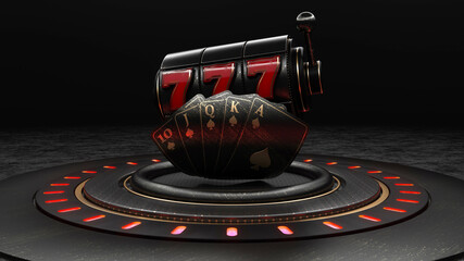 Online Gambling Concept, Slot Machine And Poker Cards With Royal Flash On Luxury Black Stage - 3D Illustration