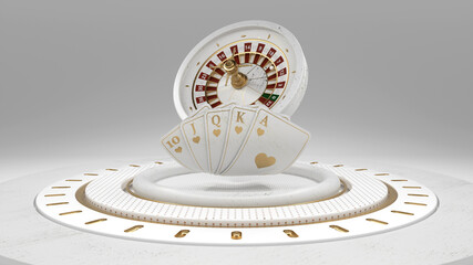 Roulette Wheel And Poker Cards Concept With Royal Flash On Luxury White Stage - 3D Illustration