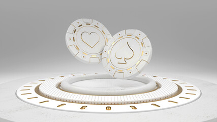 VIP Poker Luxury White And Golden Chips With Spades And Hearts On Luxury White Stage - 3D Illustration
