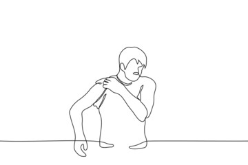 man twisted the sleeve of t-shirt exposing his biceps he got ready to be vaccinated - one line drawing vector. biceps demonstration concept, vaccination process